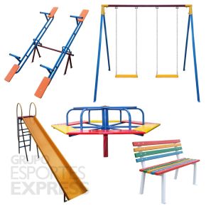 Kit / Combo Playground Parquinho Infantil em Aço 5 em 1 c/ Gangorra + Balanço + Escorregador + Carrossel + Banco de Jardim da Esportes Express - Cód.1555