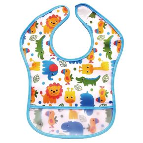  Babador Impermeável para Bebê com Bolso e Fechamento em Velcro - Tema Safari - Azul - BSB1