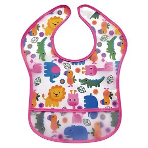  Babador Impermeável para Bebê com Bolso e Fechamento em Velcro - Tema Safari - Rosa - BSB2