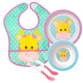 Kit Refeição para Bebê com Babeiro + Pratos + Colheres Termossensíveis - Buba - Girafa - KB1
