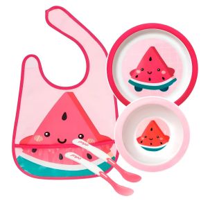 Kit Refeição para Bebê com Babeiro + Pratos + Colheres Termossensíveis - Buba - Melancia - KB3