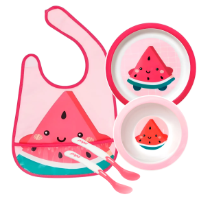 Kit Refeição para Bebê com Babeiro + Pratos + Colheres Termossensíveis - Buba - Melancia - KB3